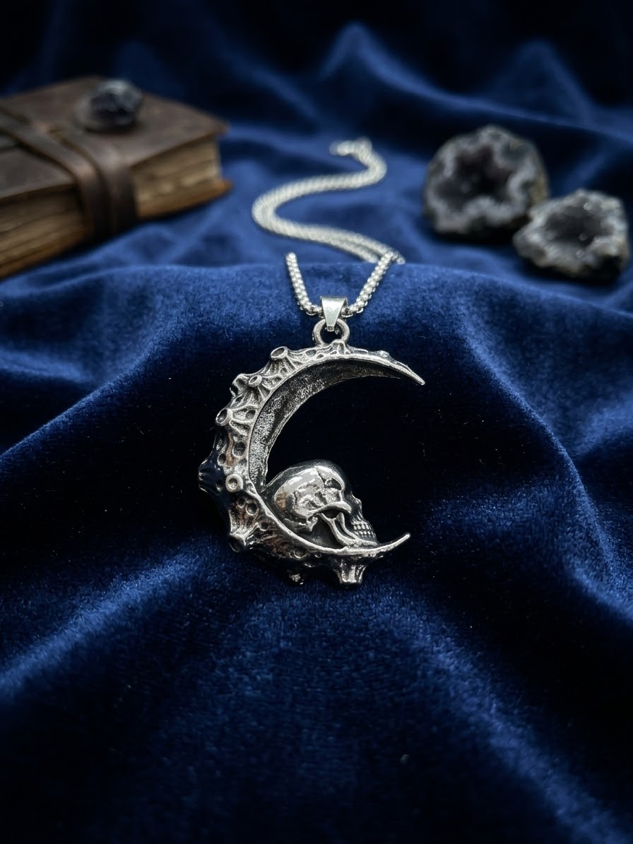 Collana ciondolo luna gotica Argentata con Teschio