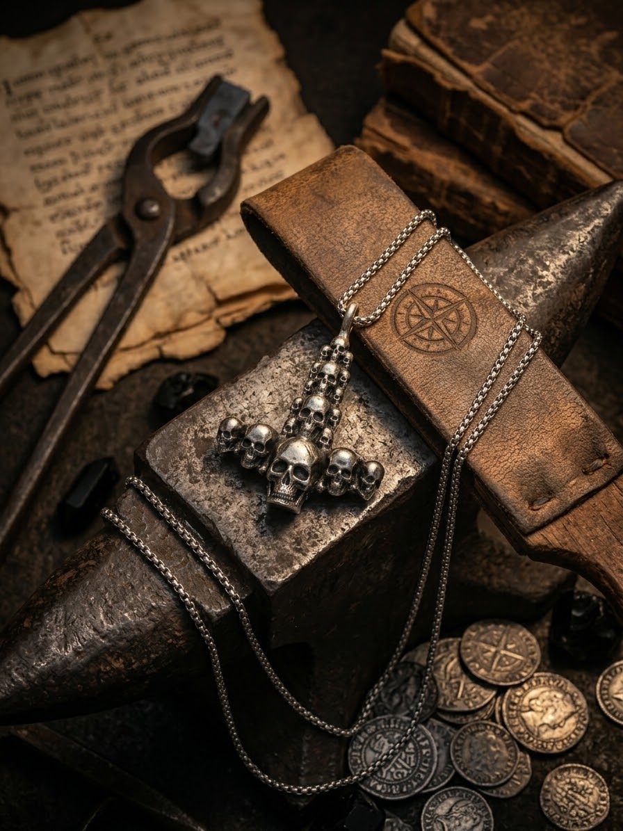Collana con ciondolo martello di thor a teschi gotici in acciaio inox
