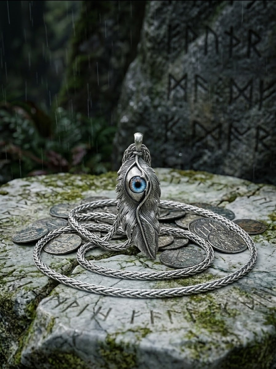 Collana con ciondolo a forma di piuma e occhio