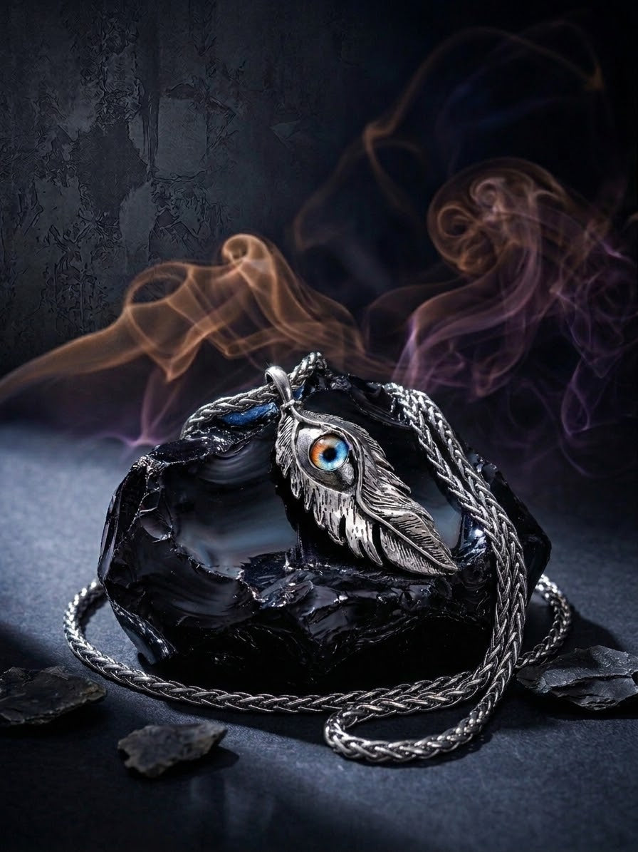 Collana con ciondolo a forma di piuma e occhio