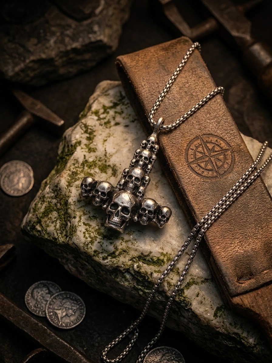 Collana con ciondolo martello di thor a teschi gotici in acciaio inox