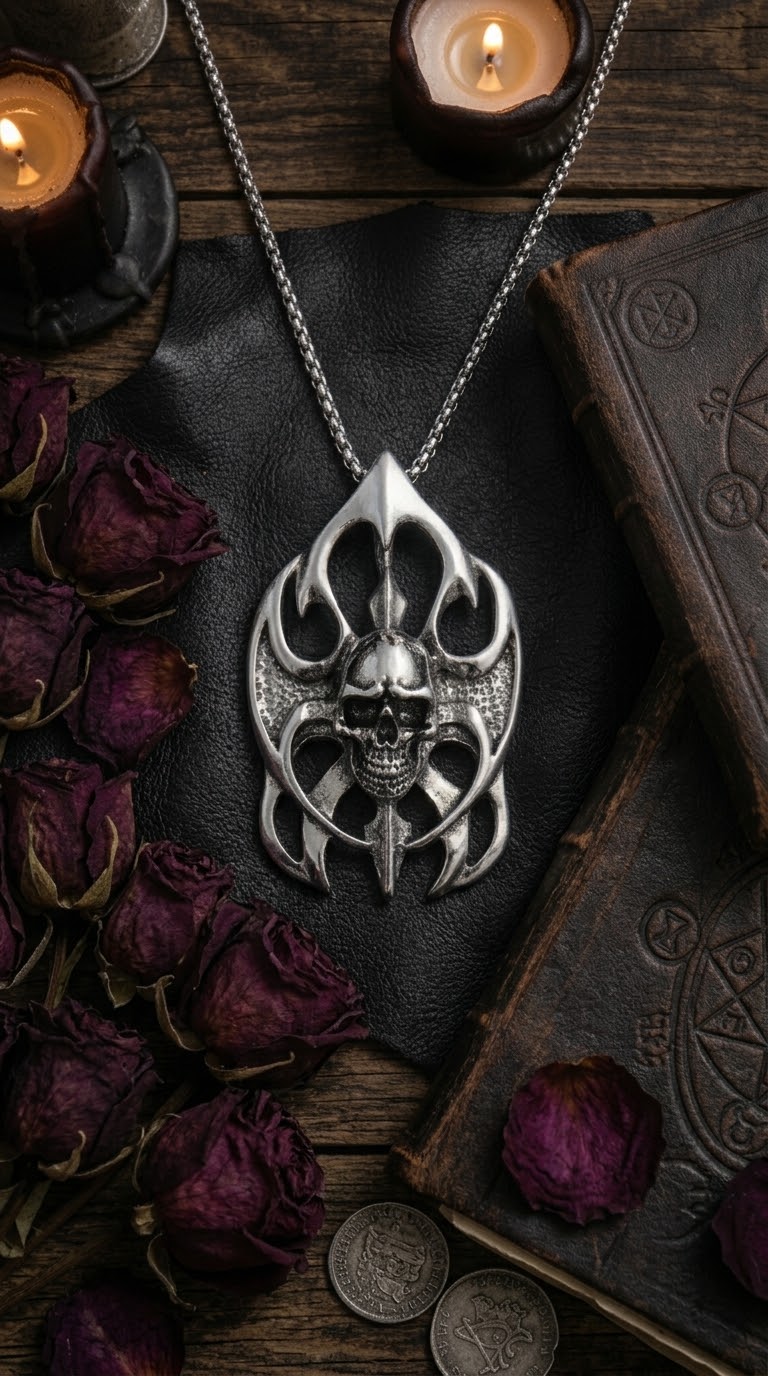 Collana con ciondolo teschio gotico tribale in acciaio inox – catena inclusa