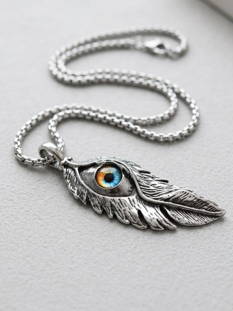 Collana con ciondolo a forma di piuma e occhio