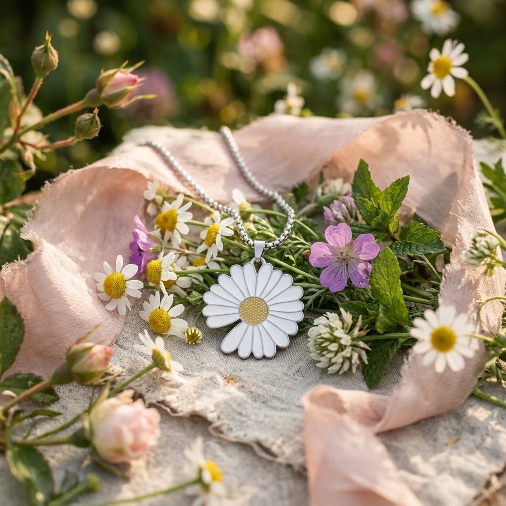 Collana con ciondolo margherita smaltata in acciaio