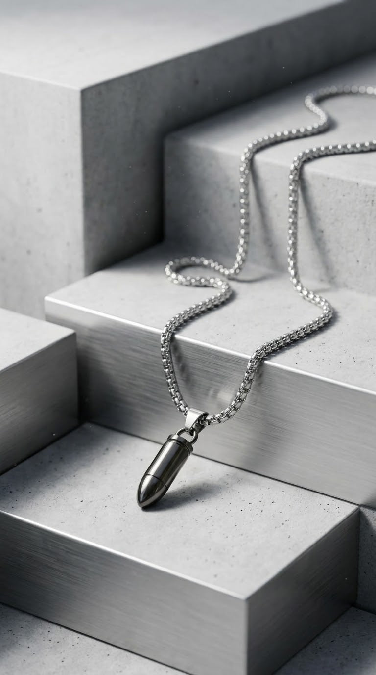 Collana con ciondolo proiettile in acciaio e catena veneziana