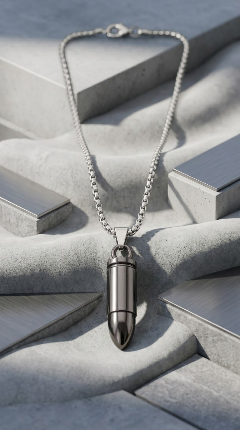 Collana con ciondolo proiettile in acciaio e catena veneziana