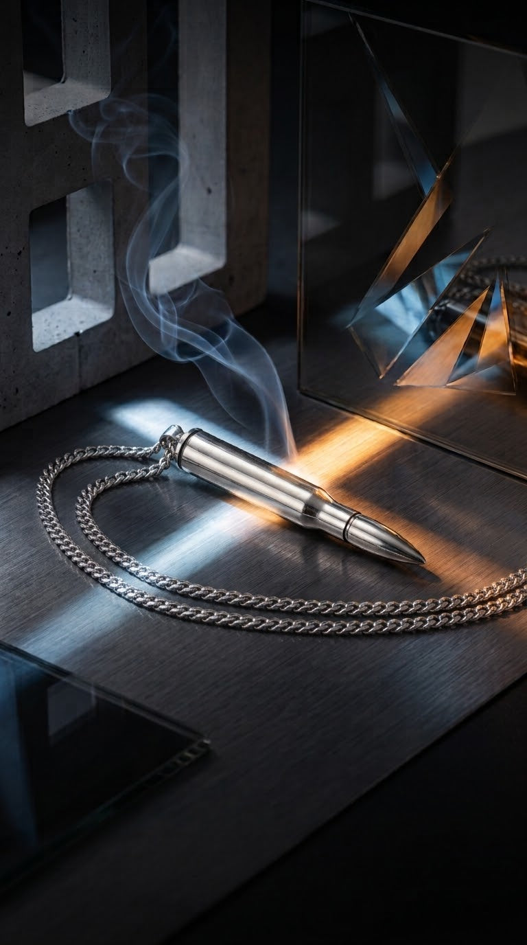Ciondolo a proiettile in acciaio lucido su catena gunmetal