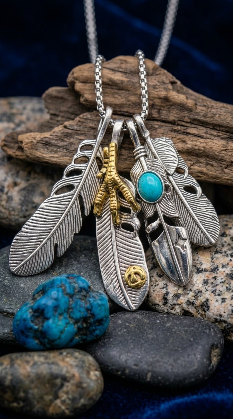 Collana unisex con piume argentate, artiglio dorato e turchese