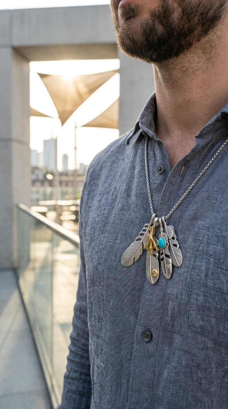 Collana unisex con piume argentate, artiglio dorato e turchese