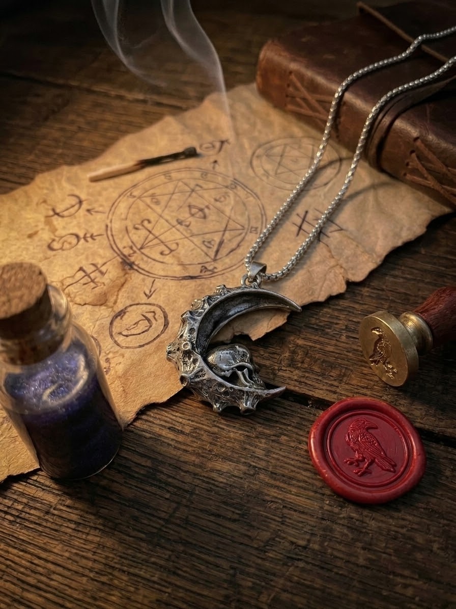 Collana ciondolo luna gotica Argentata con Teschio