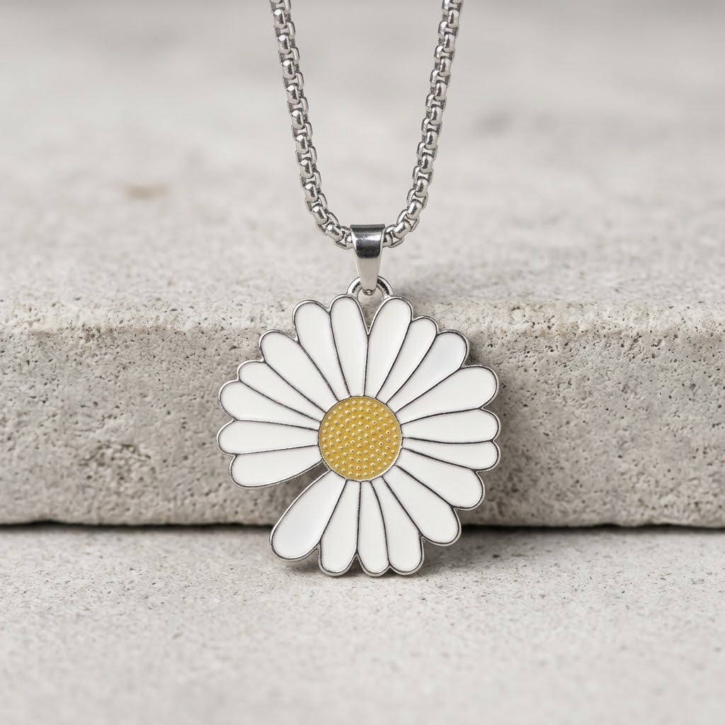 Collana con ciondolo margherita smaltata in acciaio