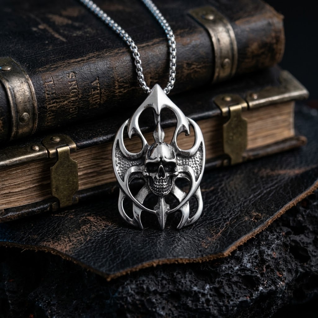 Collana con ciondolo teschio gotico tribale in acciaio inox – catena inclusa