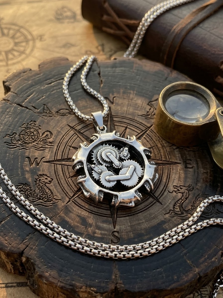 Collana in acciaio con ciondolo a ingranaggi stile meccanico e steampunk