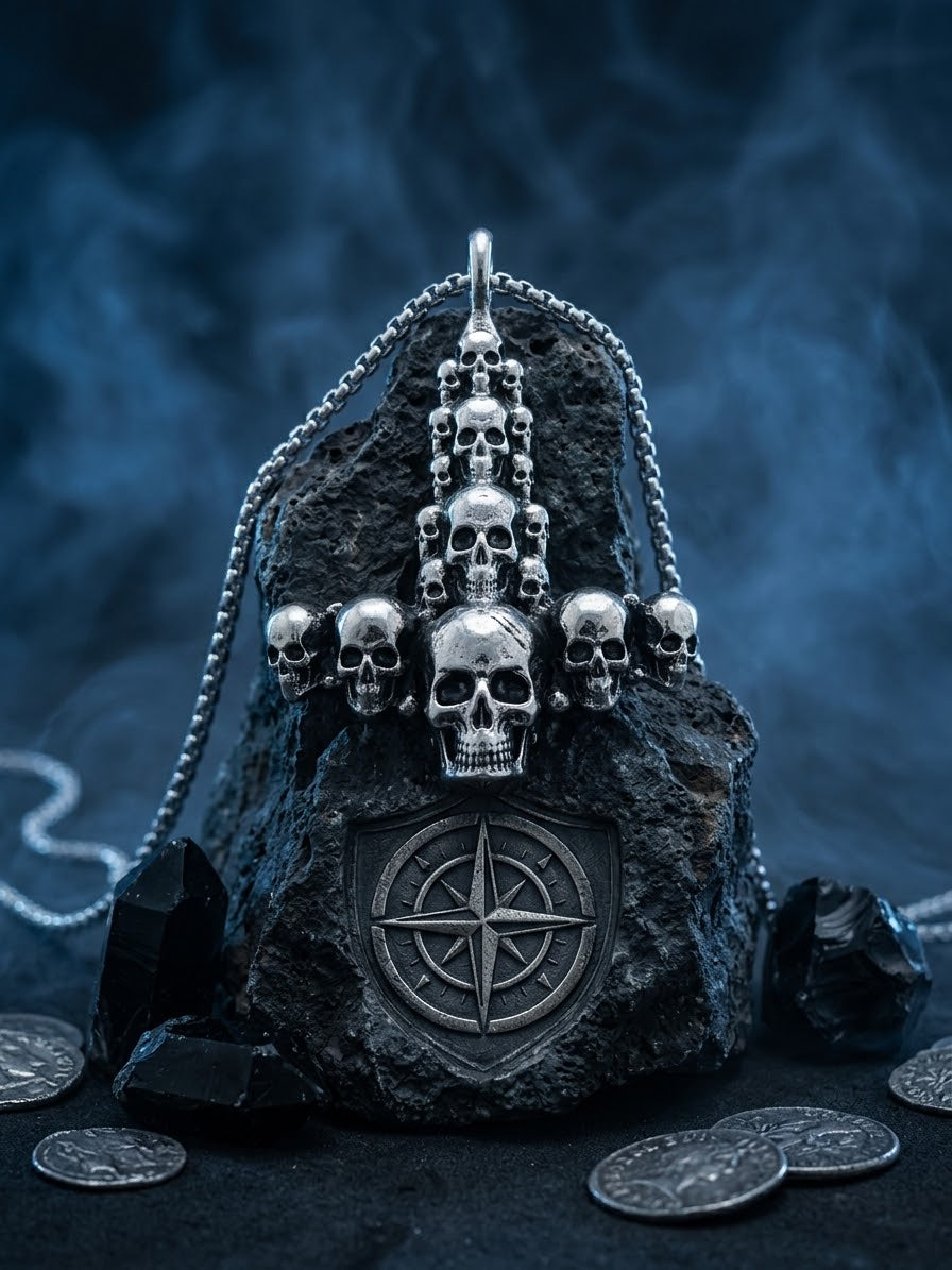 Collana con ciondolo martello di thor a teschi gotici in acciaio inox