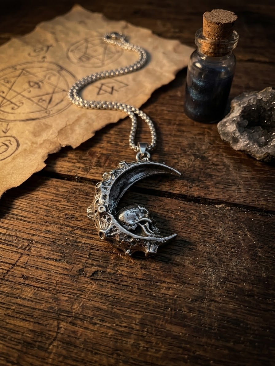 Collana ciondolo luna gotica Argentata con Teschio