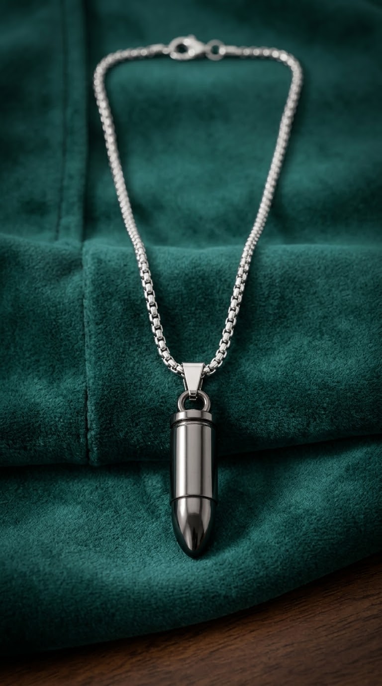Collana con ciondolo proiettile in acciaio e catena veneziana