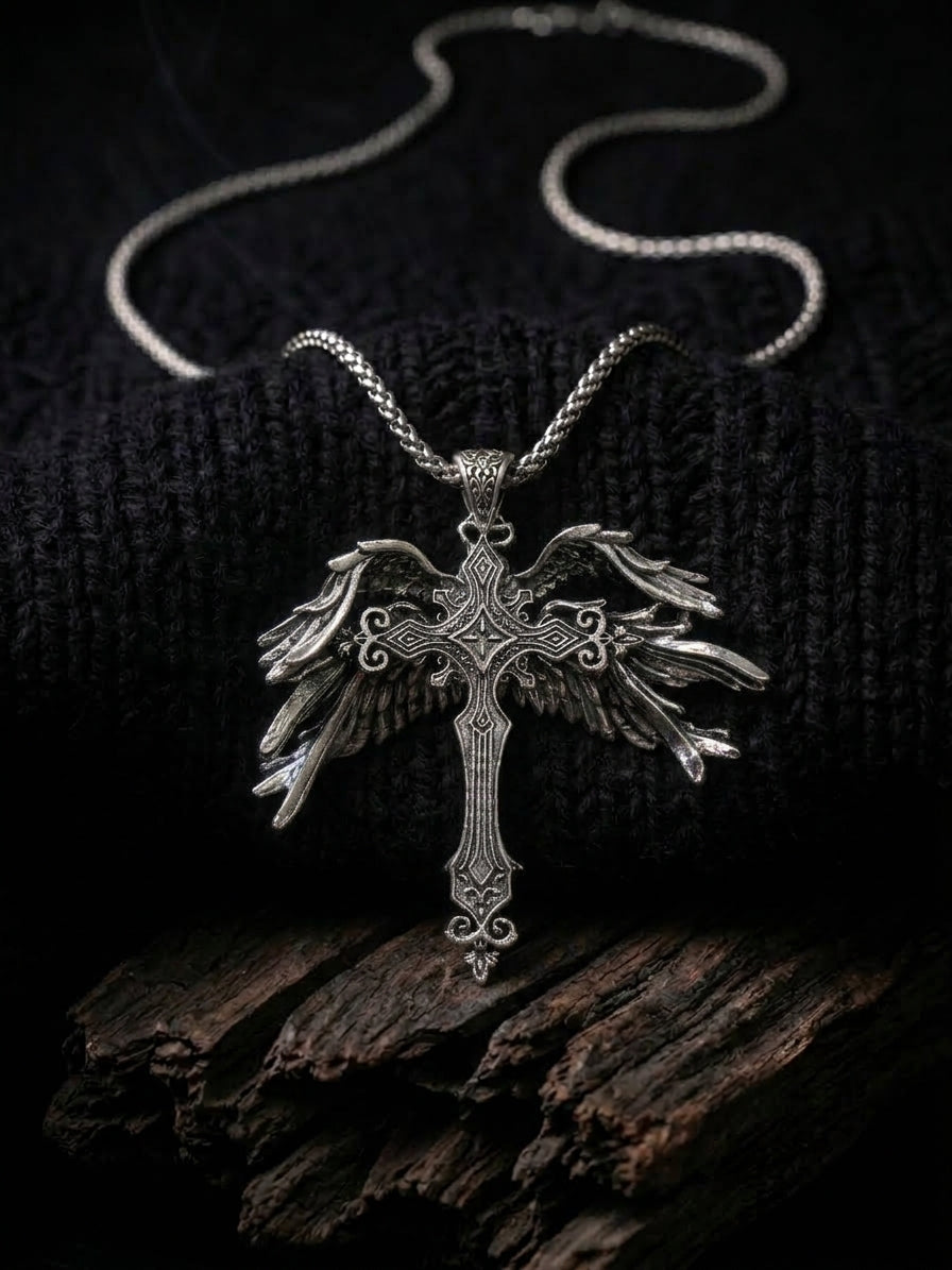Collana con ciondolo croce gotica e ali d'angelo in acciaio inox