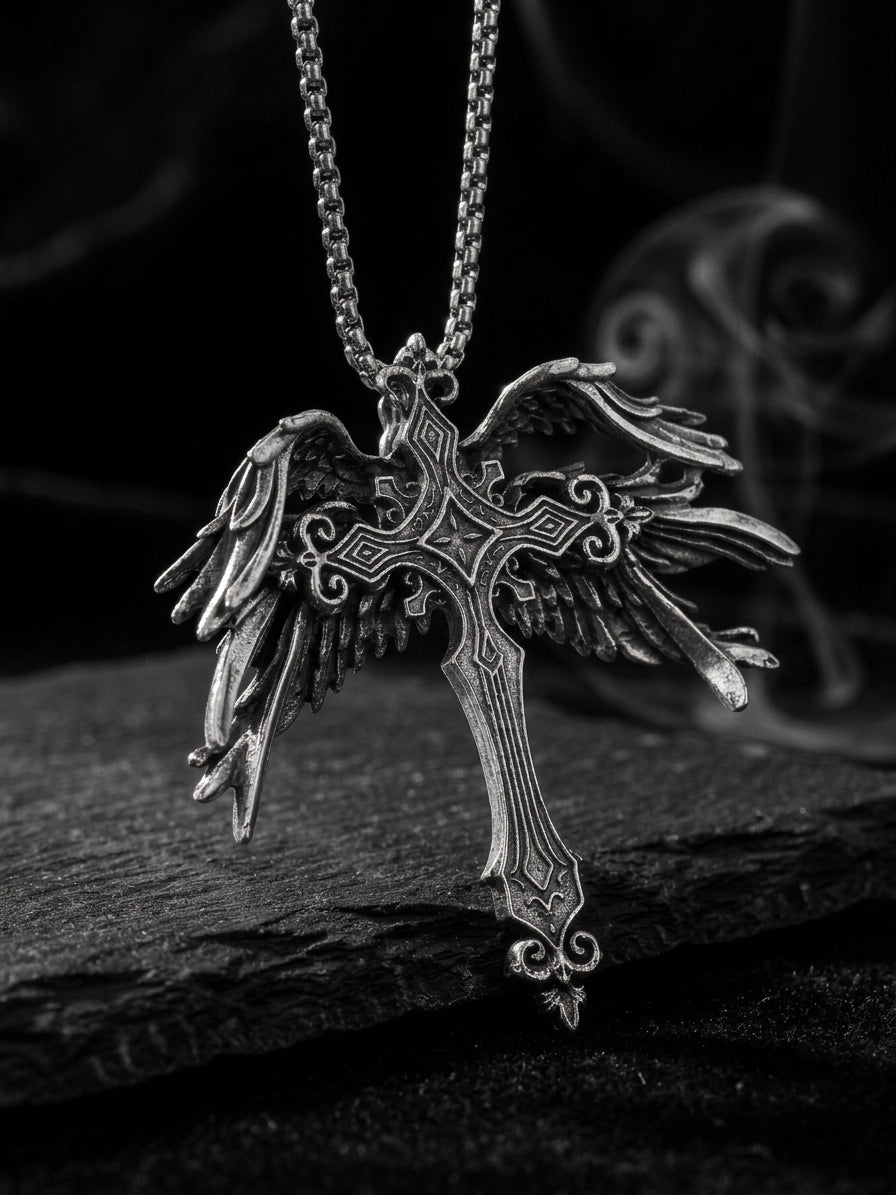 Collana con ciondolo croce gotica e ali d'angelo in acciaio inox