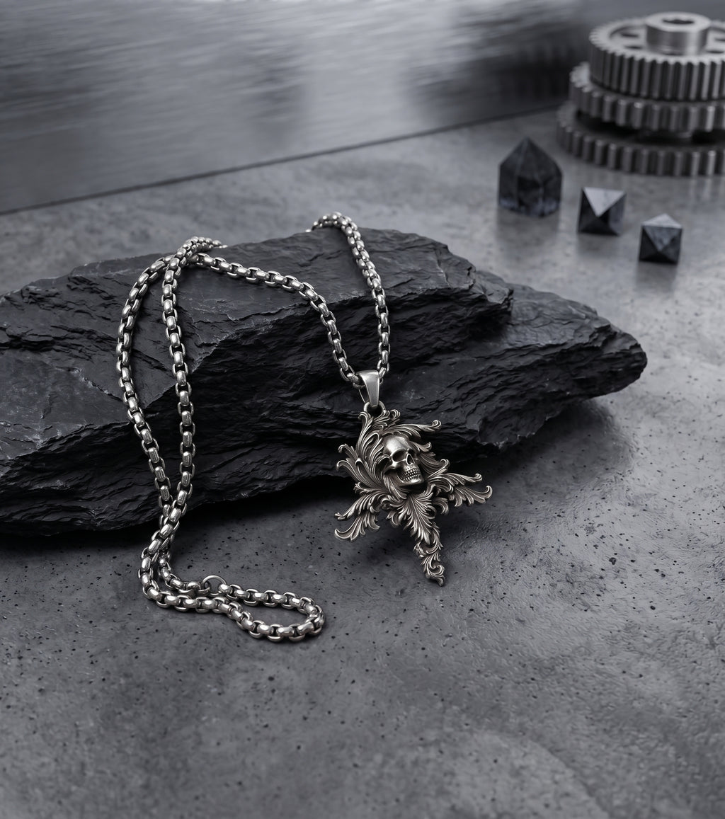Collana teschio barocco in Acciaio brunito con catena