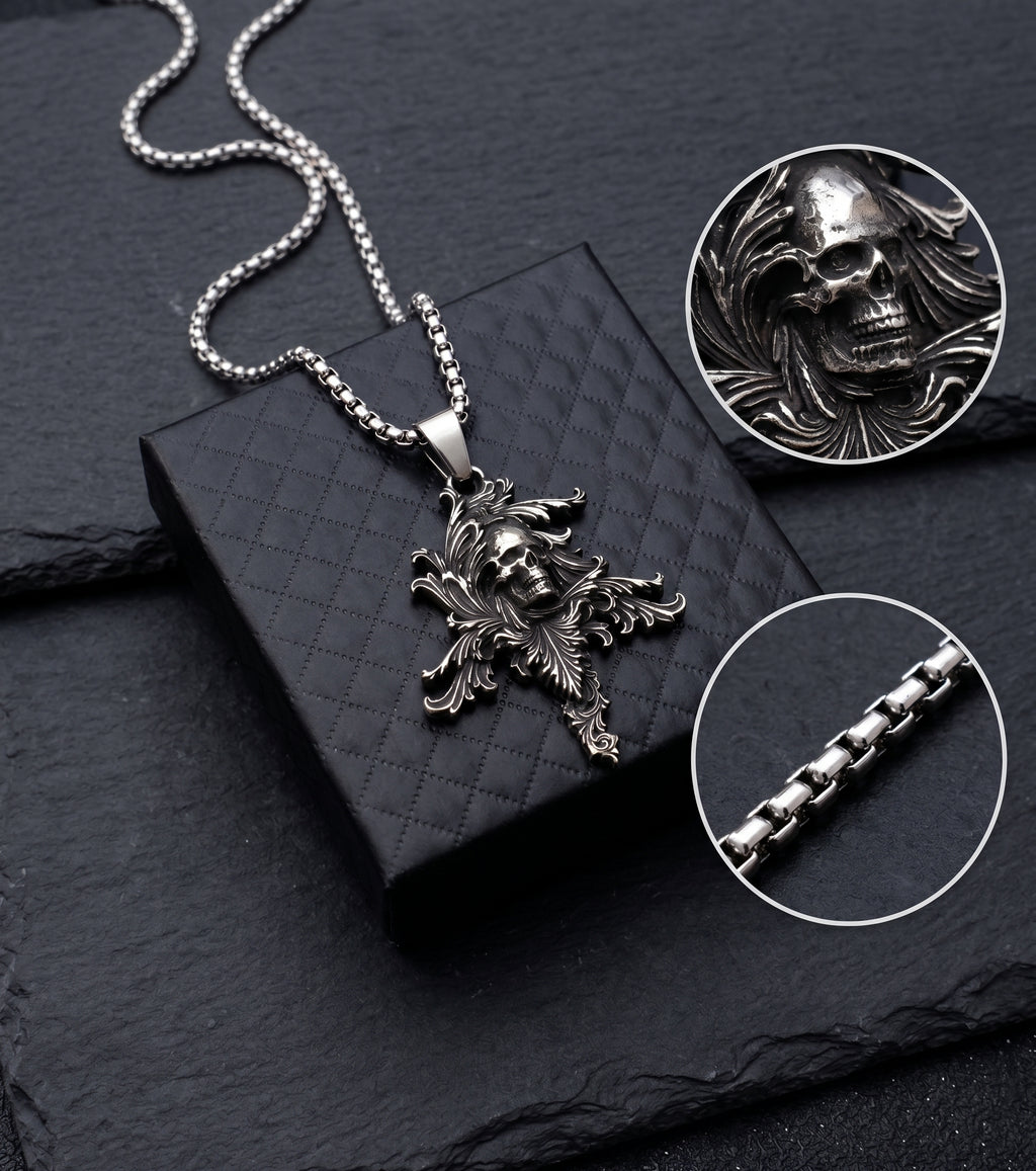 Collana teschio barocco in Acciaio brunito con catena