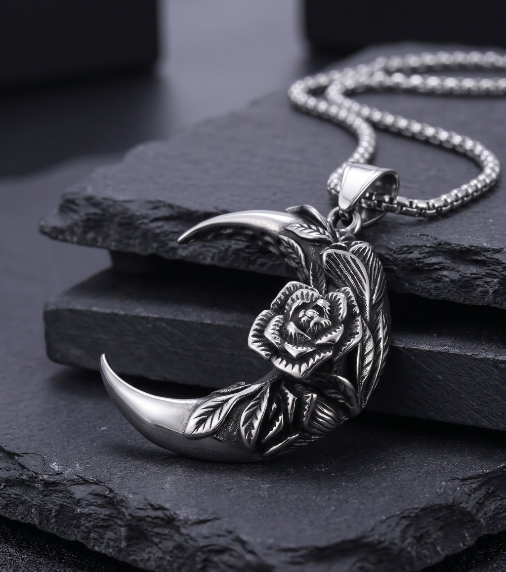 Collana gotica con luna crescente e rosa - pendente dark unisex
