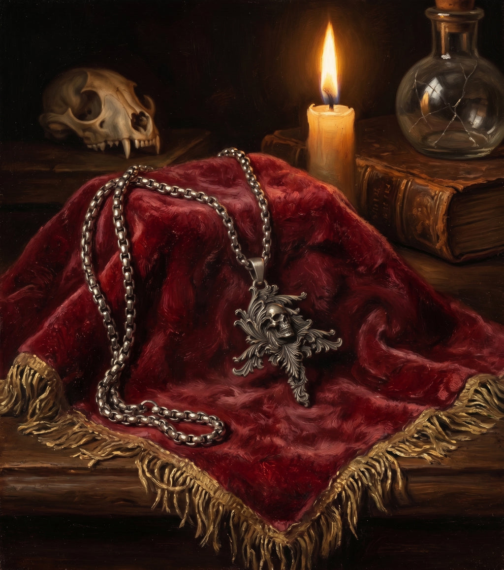 Collana teschio barocco in Acciaio brunito con catena