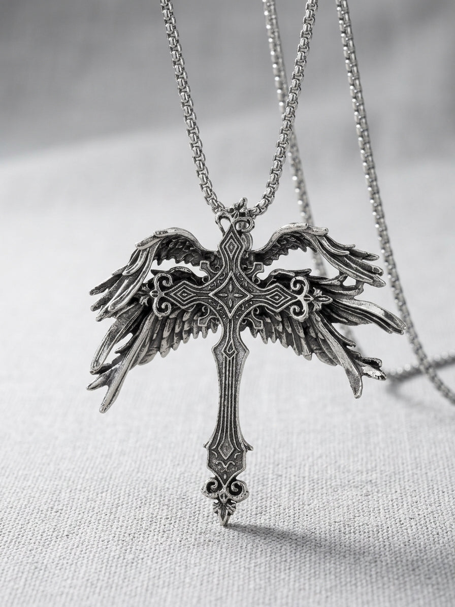 Collana con ciondolo croce gotica e ali d'angelo in acciaio inox