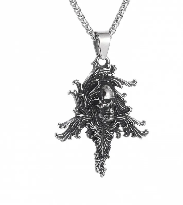 Collana teschio barocco in Acciaio brunito con catena