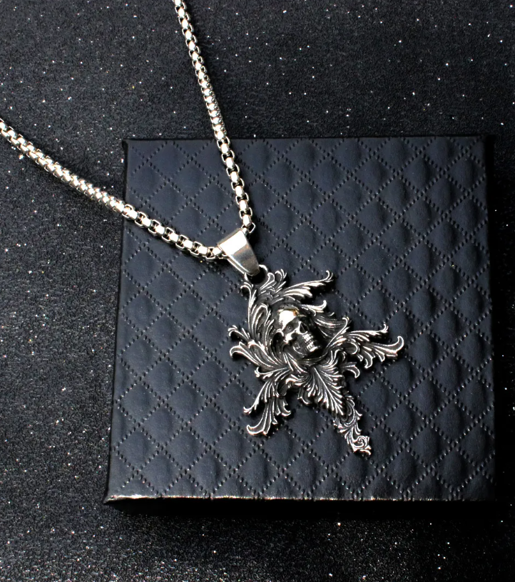 Collana teschio barocco in Acciaio brunito con catena